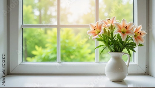 Fototapeta Vase of lilies on windowsill in daytime, symbolism of anosmia