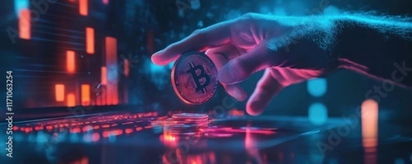Fototapeta Cyber Theft   Hand Reaching from Computer Screen to Steal Digital Coins