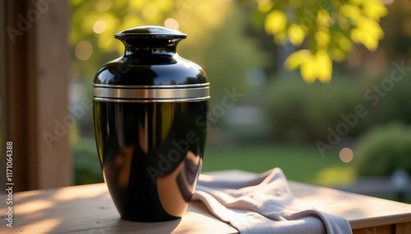 Obraz Black and silver ceramic cremation urn on wooden table with garden view