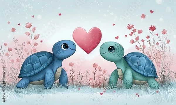 Obraz Postcard for Valentine's Day, I Love You in cartoon style, romantic Turtles and heart shape