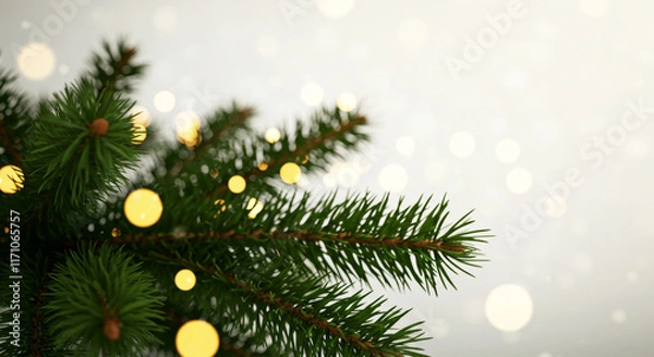 Obraz A close-up view of festive fir tree branches adorned with twinkling golden lights, surrounded by a soft bokeh effect, creating a warm and elegant holiday ambiance. background