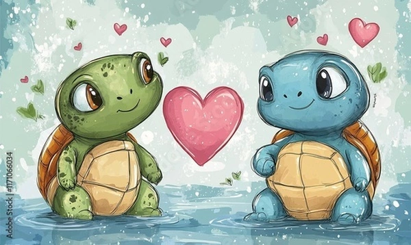 Obraz Postcard for Valentine's Day, I Love You in cartoon style, romantic Turtles and heart shape