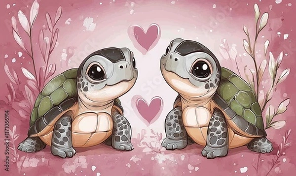 Obraz Postcard for Valentine's Day, I Love You in cartoon style, romantic Turtles and heart shape