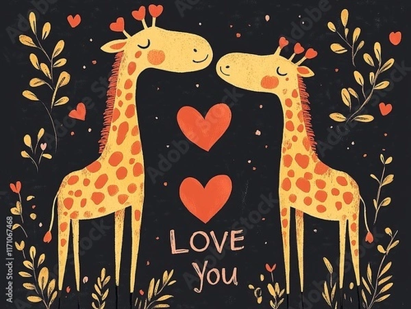Obraz Postcard for Valentine's Day, I Love You in cartoon style, romantic Giraffes and heart shape