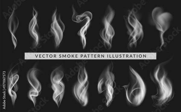 Obraz Collection of realistic overlay smoke, fire steam, transparent sky cloud, winter fog or mist, cigarette or chimney fume wave, nature air, explosion pattern and weather element. Food smoke silhouette.