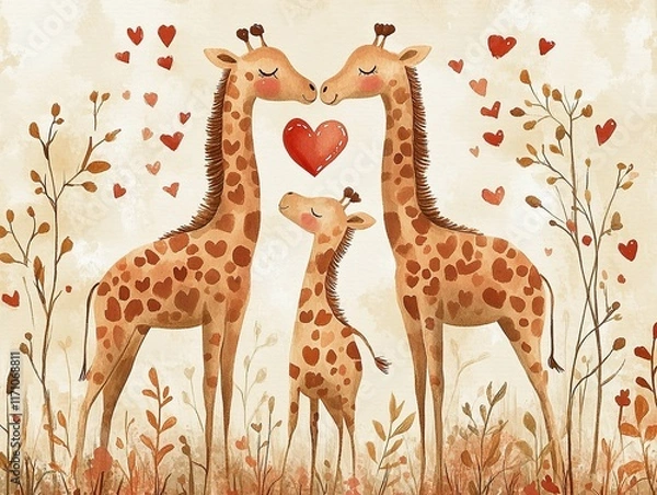 Obraz Postcard for Valentine's Day, I Love You in cartoon style, romantic Giraffes and heart shape