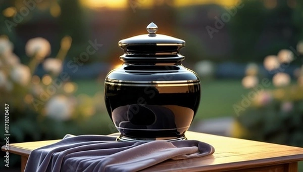 Obraz Black and silver ceramic cremation urn on wooden table with garden view
