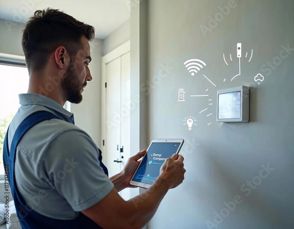Fototapeta Technician using a tablet to control smart home features in a modern living space during daylight