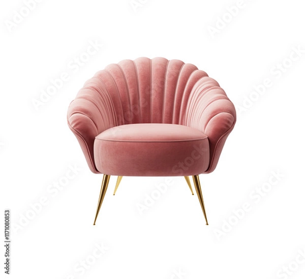 Fototapeta Blush pink velvet armchair with curved arms and gold legs. This luxurious chair adds a soft, stylish touch to modern home decor. Isolated on transparent background, png