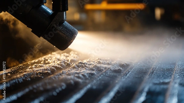 Fototapeta Close-up of industrial sandblasting process on metal surface.