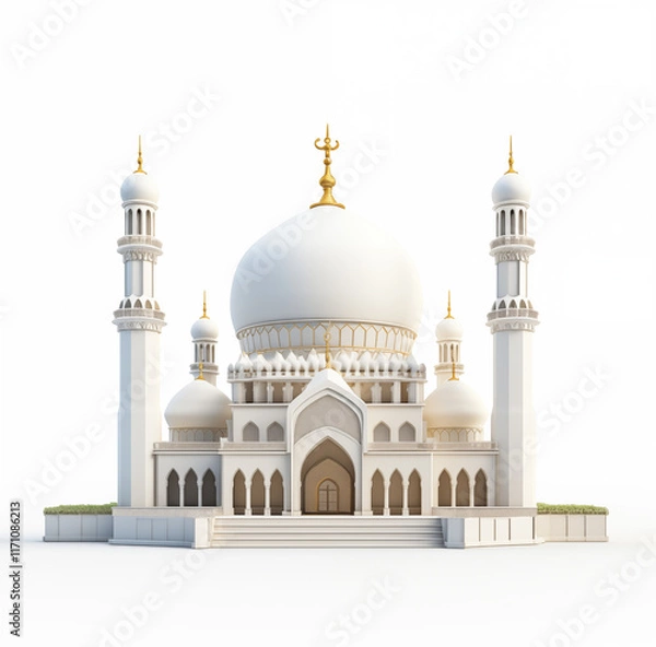 Fototapeta 3D mosque with a white background, Ramadan Islamic concept  on an isolated white background