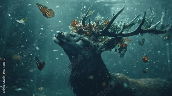 Fototapeta A deer with a crown of leaves on its head is surrounded by leaves and butterflies. The image has a whimsical and playful mood, as the deer is not a typical representation of the animal