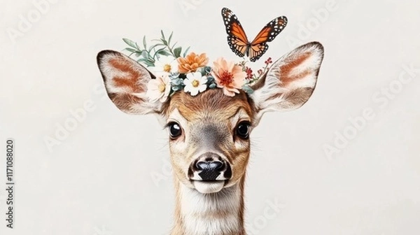 Obraz A deer with a flower crown on its head and a butterfly on its ear. The deer is looking at the camera