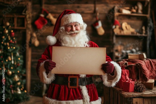 Fototapeta smiling Santa holding a blank sign. Concept of joy and excitement, as the Santa is holding a blank sign, which could be a blank slate for the viewer to fill with their own ideas or wishes