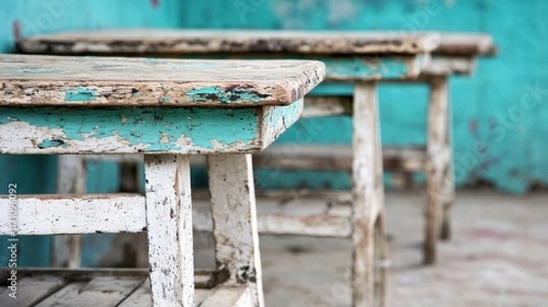 Fototapeta Rustic wooden tables with peeling paint in an old room featuring a textured turquoise background