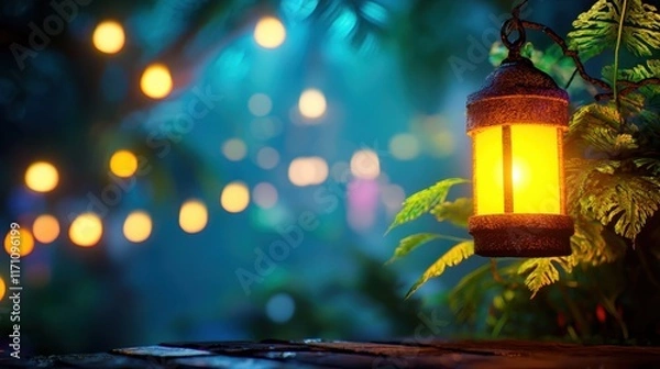 Fototapeta Enchanting Yellow Lantern Illuminates Lush Background with Bokeh Lights in a Serene Outdoor Setting