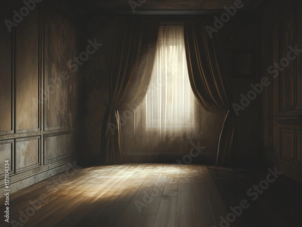 Obraz A dimly lit, empty room with Roman curtains, a blank wall, and wooden flooring serves as an abstract indoor setting for a game or cartoon, evoking a sense of mystery and potential for creative storyte