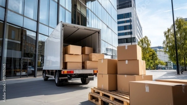 Fototapeta Truck delivery and moving box. Delivery truck unloading boxes outside a modern building.