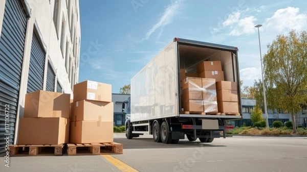 Fototapeta Truck delivery and moving box. Truck unloading boxes at a warehouse with pallets outside in a bright, sunny environment.
