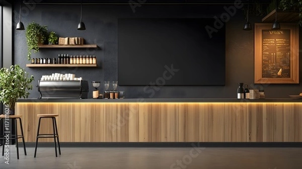 Obraz ナチュラルモダンなカフェカウンターと黒板メニュー