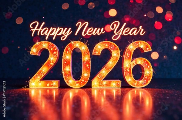 Fototapeta Happy New Year 2026 with bokeh background. 3d rendering