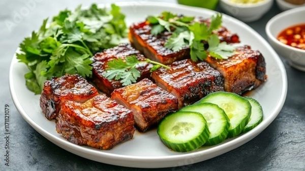 Fototapeta A dish of crispy pork belly fried in fish sauce, arranged beautifully with a side of sliced cucumber and herbs, ready for serving on a white ceramic plate.