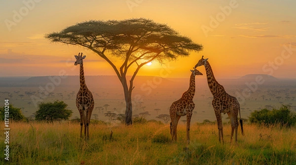 Obraz Tall beautiful giraffe walking in African savannah at sunset. Saving giraffes in the wild in savannah.