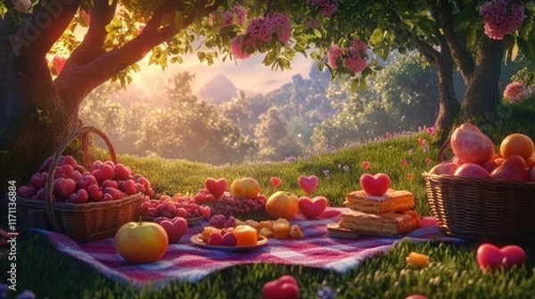 Fototapeta A romantic picnic in an enchanted glade, where heart-shaped fruits and pastries are laid out on a vibrant blanket under a canopy of trees.