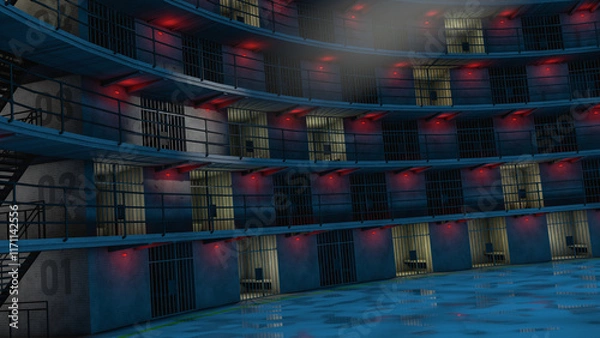 Fototapeta maximum security prison in round shape. Panopticom empty prison at night. 3d rendering.