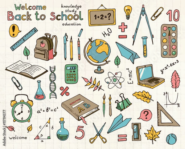 Fototapeta Vector color sketches set of school items.