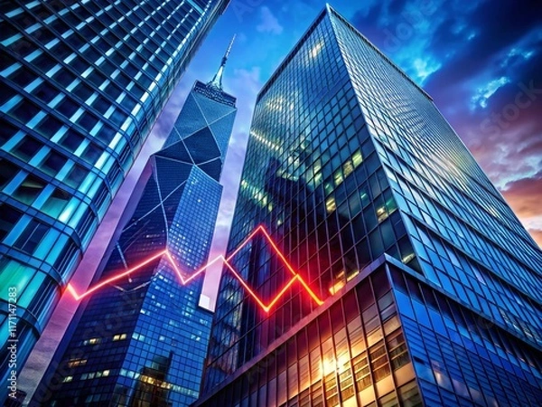 Fototapeta Stock Market Crash: Downward Trending Graph Reflected in Modern Architecture