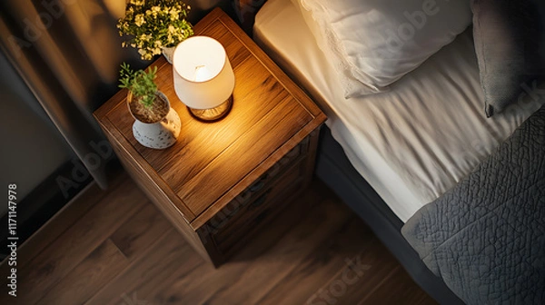 Fototapeta A top-down view of a nightstand in a hotel room with a cozy, blurred background, providing an empty wooden surface for product display and customization in a flawless with copy space 