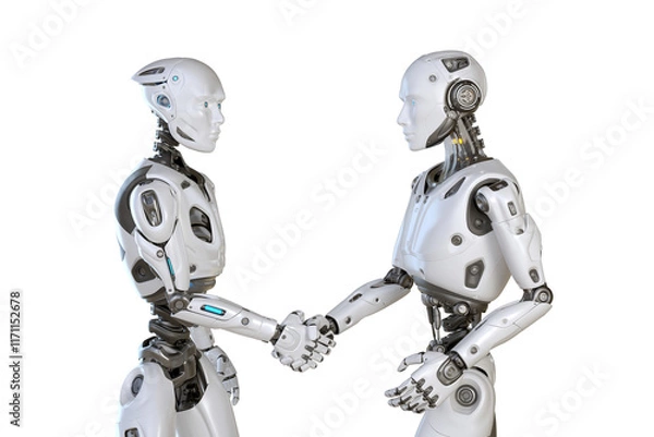 Fototapeta Humanoid robots hand shaking with each other