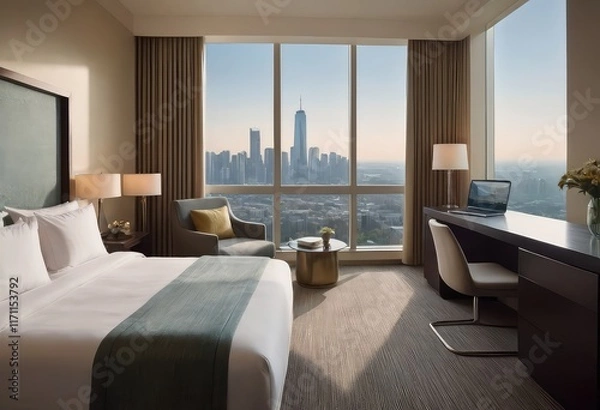 Fototapeta A luxurious hotel room that features a stunning view of the city skyline
