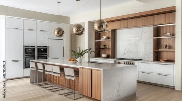 Fototapeta A modern kitchen with white cabinetry, light grey marble countertops, and a warm wooden island with built-in storage. Above the island, sleek metallic pendant lights add a futuristic touch.