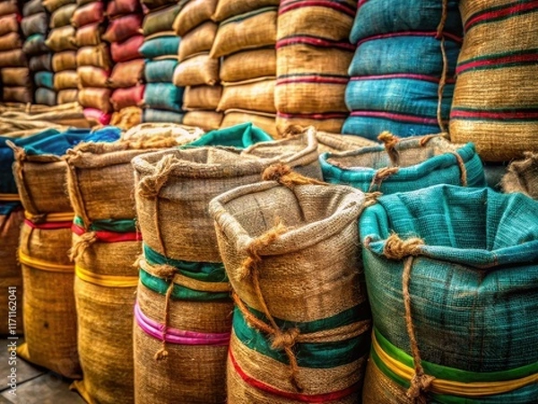 Fototapeta Organized jute and burlap sacks in a clean warehouse represent efficient agricultural supply chain logistics.