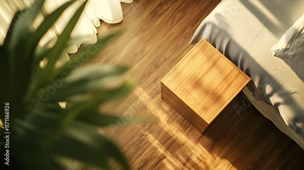 Fototapeta A top-down view of a nightstand in a hotel room with a cozy, blurred background, providing an empty wooden surface for product display and customization in a flawless with copy space 