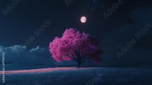 Fototapeta A large, luminous pink tree standing in a field of grass, with a dark, starry sky and the moon shining above, creating a magical atmosphere.