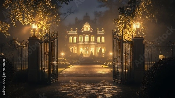 Fototapeta A grand mansion at night, illuminated by warm light, shrouded in a foggy garden, with large wrought iron 