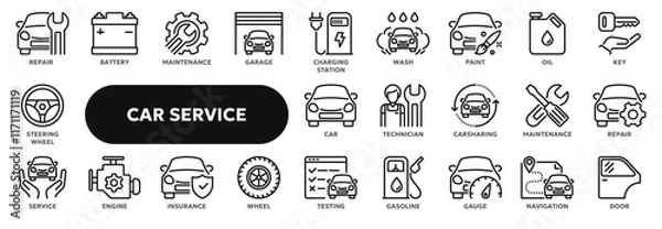 Fototapeta Set of vector line icons related to car service, auto repair and maintenance. Symbols for website or app ui, logo design, illustration