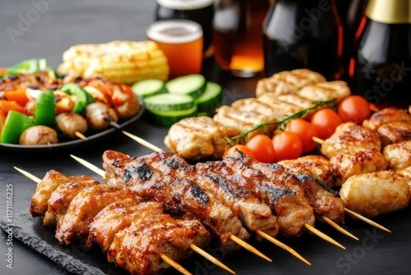 Obraz Grilled meat skewers with vegetables, cherry tomatoes, and drinks on a table at a barbecue gathering.