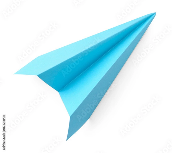 Obraz One handmade light blue paper plane isolated on white, top view