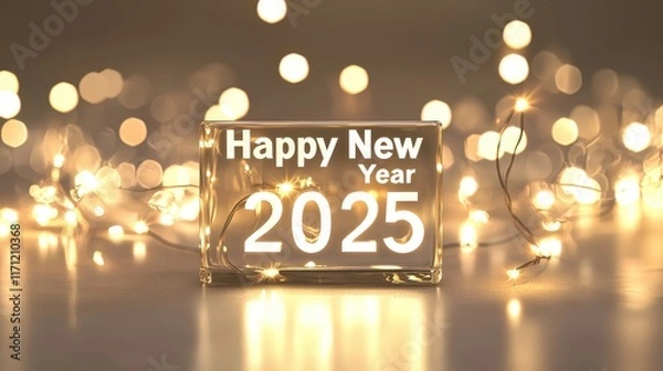 Fototapeta Illuminated 2025 Happy New Year Block with Fairy Lights Festive Holiday Background