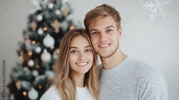 Fototapeta Happy Young Couple Smiling Together in Front of Christmas Tree