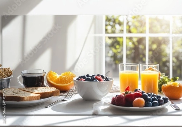 Fototapeta Bright and Colorful Breakfast Table with Fresh Fruits, Toast, Coffee, Orange Juice, and Sunlight Streaming Through the Window