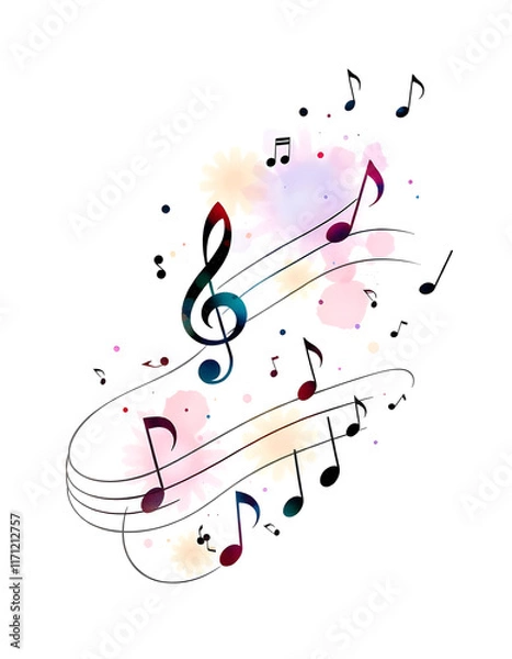 Fototapeta Music notes png watercolor, transparent background, doodle art, with white tones