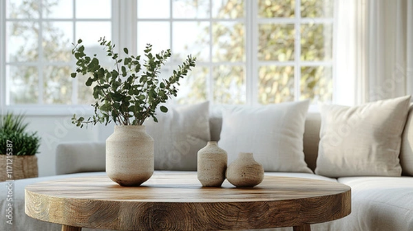 Fototapeta Chic Scandinavian Home Living Room with Rustic Round Wood Table and Grey Pillows on Sofa