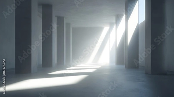 Fototapeta Empty, modern, minimalist, concrete hallway with sunlight streaming through windows.  Spacious
