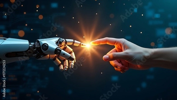 Fototapeta Futuristic Scene of Human and Robot Hands Connecting Through a Glowing Spark
