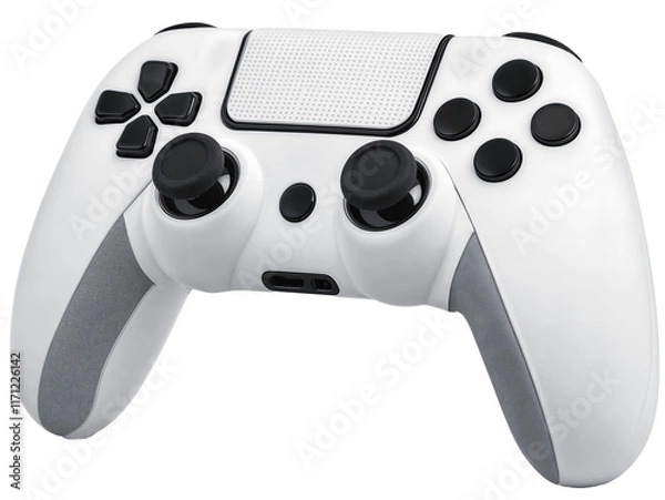 Fototapeta A white game controller with black buttons, joysticks a directional pad, triggers, and action buttons, isolated over transparent background, PNG cut-out
